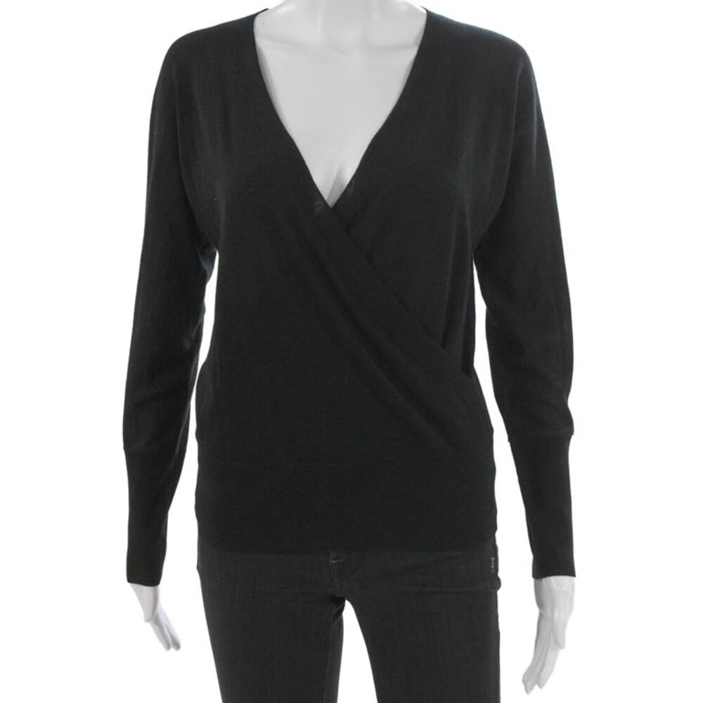 Kinross Cashmere Womens Silk Wrap V-Neck Sweater Black Long Sleeve Size XS